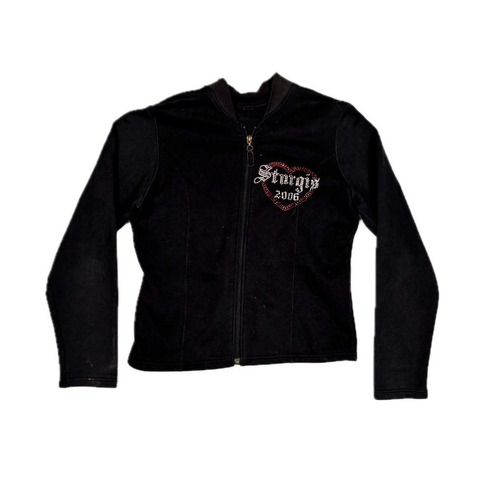 Vtg Sturgis 2006 Rhinestone Heart Zip Up Sweatshirt Womens Black Y2K Biker Small